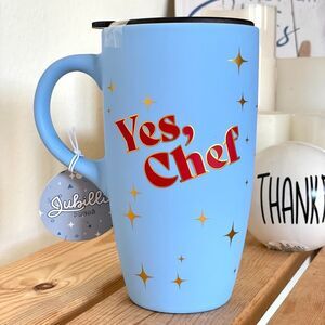 NWT Gorgeous Jubille Press “Yes, Chef” Matte Blue Ceramic Tall Tumbler Mug w Lid